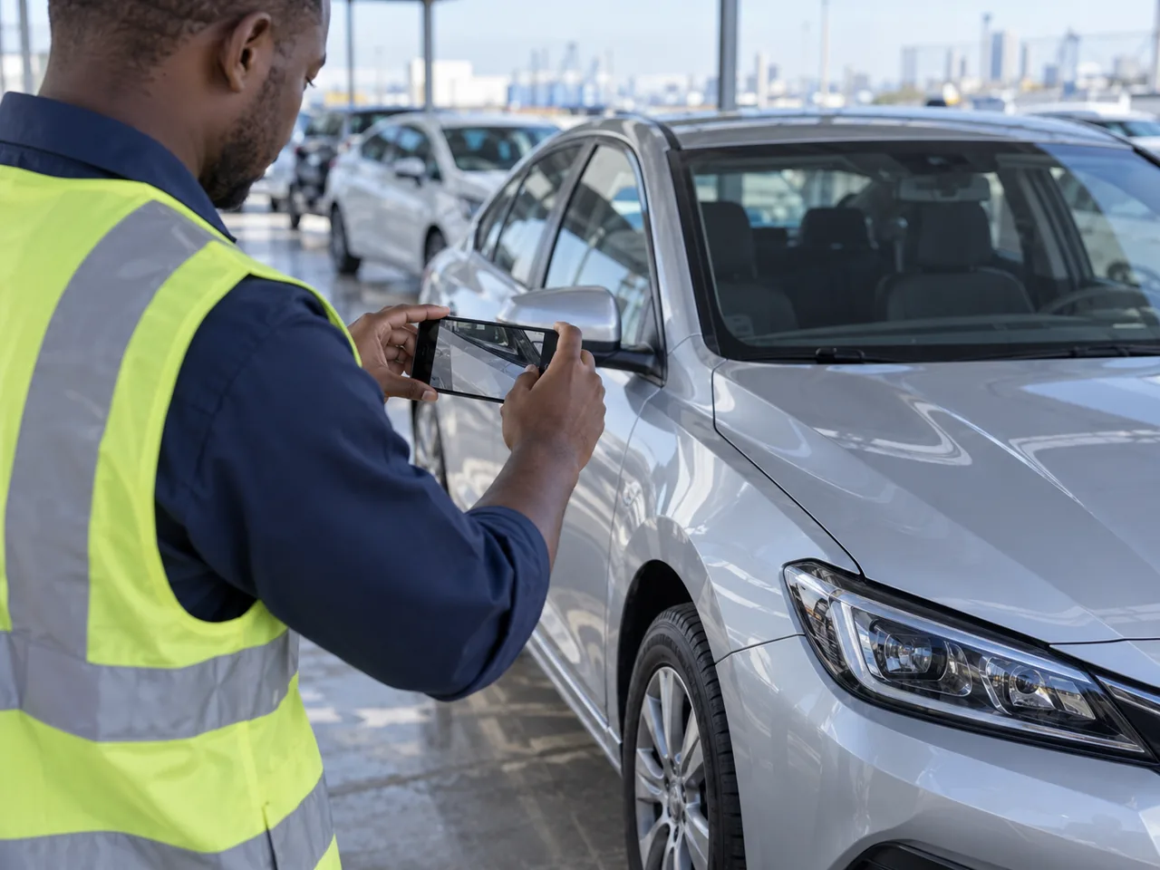 A vehicle inspector uses a phone to photograph a car's condition at a handover bay.