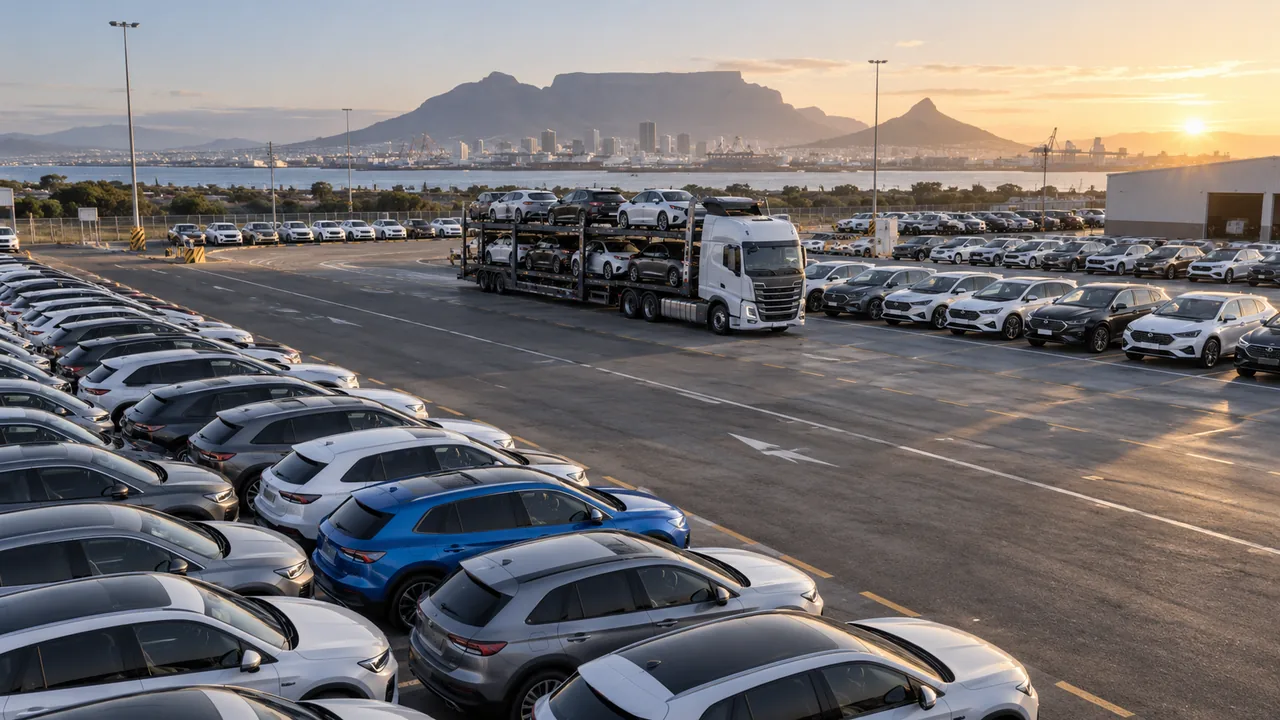 Rows of finished vehicles and a car transporter in a South African vehicle yard.
